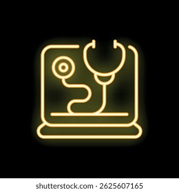 Sinal de néon amarelo representando a consulta médica on-line com um estetoscópio que aparece em uma tela de laptop