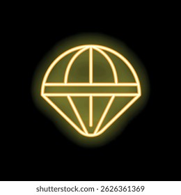 Yellow neon sign representing a parachute glowing on a black background