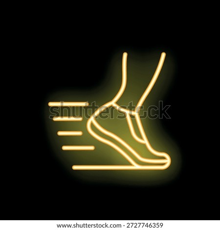 Yellow neon sign representing a running person with speed lines on black background