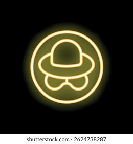 Yellow neon sign representing a spy wearing a hat and sunglasses, on a black background