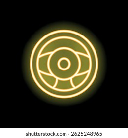 Yellow neon sign representing a steering wheel, glowing on a black background