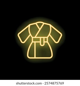 Yellow neon sign representing a traditional japanese kimono robe, a symbol of japanese culture, glowing on a black background