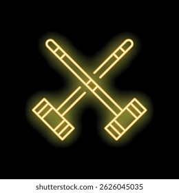 Sinal de néon amarelo representando dois marretas polo cruzados brilhando sobre um fundo preto