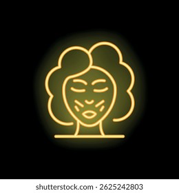 Yellow neon sign representing a woman with closed eyes receiving facial treatment, possibly involving lasers or radiofrequency