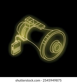 Yellow neon sign in the shape of a megaphone with attached microphone is glowing on a black background