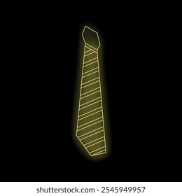 Yellow neon sign shaped like a business tie is glowing on a black background