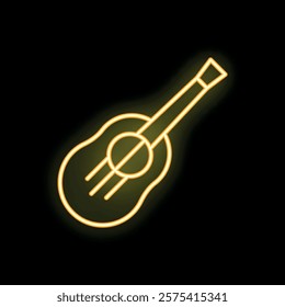 Yellow neon sign shaped like an acoustic guitar is glowing on a black background