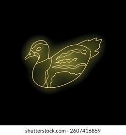 Yellow neon sign shaped like a duck swimming on a black background