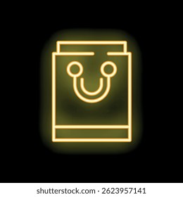 Yellow neon sign of a shopping bag with a smiling face on a black background