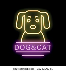Yellow neon sign showing a dog for a dog and cat shop on a black background