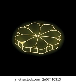 Yellow neon sign showing a five leaf clover on a black background