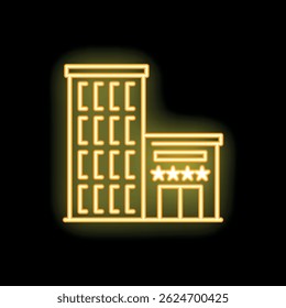 Yellow neon sign showing a five star hotel, with glowing windows and doors, on a black background