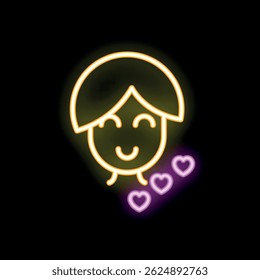 Yellow neon sign showing a happy face with closed eyes surrounded by pink hearts, on a black background