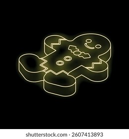 Yellow neon sign showing a smiling gingerbread man on black background