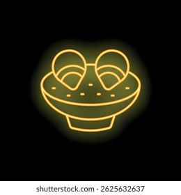 Yellow neon sign showing a smiling frog on black background