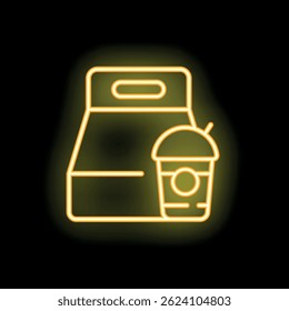 Yellow neon sign showing takeaway food and drink representing food delivery services