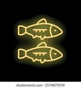 Yellow neon sign showing two fish swimming in the same direction