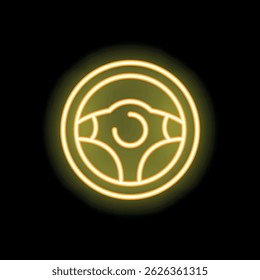 Yellow neon sign steering wheel icon is glowing on a black background