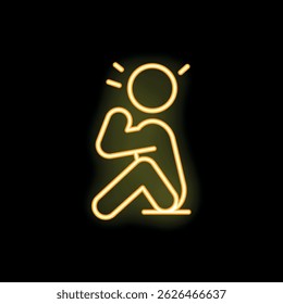 Sinal de néon amarelo de figura de vara ajoelhado e rezando com luz brilhante em torno de sua cabeça sobre fundo preto