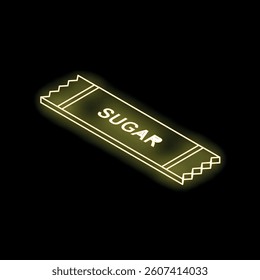Yellow neon sign of sugar sachet glowing on black brick wall