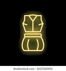 Yellow neon sign of a summer dress glowing on a black background