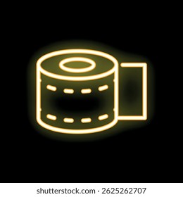 Yellow neon sign of a toilet paper roll glowing on a black wall