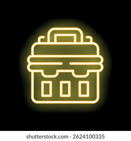 Yellow neon sign of a toolbox glowing on a black background, perfect for concepts such as construction, repair, and diy