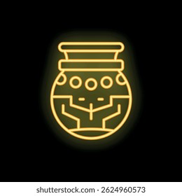Yellow neon sign of traditional african clay pot with geometric ornament glowing on a black background