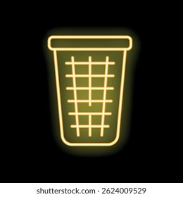 Yellow neon sign trash can icon glowing on a black background