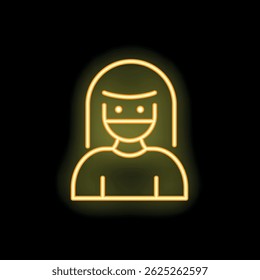 Sinal de néon amarelo de uma mulher usando uma máscara e sorrindo em um fundo preto