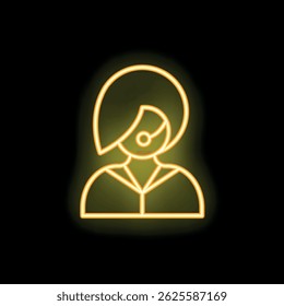 Yellow neon sign of a woman wearing a headset on a black background