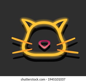 Yellow neon signboard - a cat face, neon lamp. Colorful vector illustration on dark background. Print, sticker design.