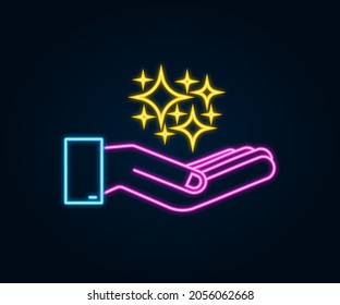 Yellow neon sparkles symbols in hands. The set of original vector stars sparkle icon. Bright firework, decoration twinkle, shiny flash. vector illustration.