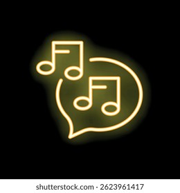 Burbuja de discurso de neón amarillo que muestra notas de música que brillan sobre fondo negro