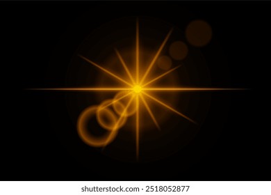 Rayas de neón amarillas o estrella de destello ligero. Rayos láser, rayos Horizontales. Hermosos reflejos de luz. Rayas brillantes sobre un fondo negro.