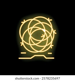 Yellow neon style icon of barbed wire circle glowing on black background