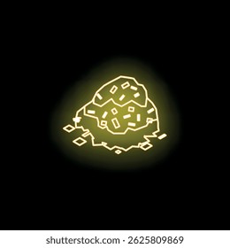 Yellow neon style icon of a pile of gold nuggets glowing on a black background