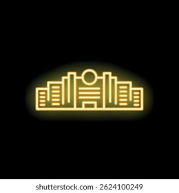 Yellow neon style icon representing a university campus building with a circular window, evoking knowledge and academic life
