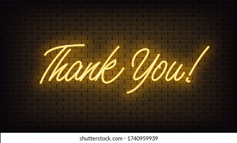 Yellow neon Thank You, lettering. Neon text of Thank You on black brick background. Night vivid lights. Word, inscription and title with glow illumination. Vector illustration