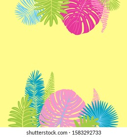 Yellow Neon tropical leaves of palm trees, monstera, fern and other plants. Vector color sketch on a yellow background. Ultraviolet pink, blue, turquoise. 