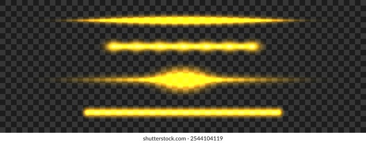 Gelber Neonröhren-Lampensatz. Glühende LED-Lichtleitstrahlsammlung. Helle leuchtende fluoreszierende Strichlinien. Glänzende warme Farbe Streifen Element Pack zu teilen, trennen, dekorieren. Vektorgrafik