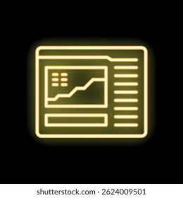 Yellow neon website page with growing chart icon on black brick wall