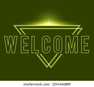 Yellow neon Welcome, glow arrow. Neon text of Welcome on black brick background, night ambience. Night vivid lights. Word, inscription and title with glow and illumination. Vector illustration