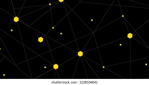 Yellow network. Abstract connection on black background. Network technology background with dots and lines for desktop. Ai background. Modern abstract concept. Line background, network technology