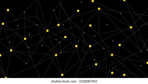 Red amarilla. Conexión abstracta sobre fondo negro. Fondo de tecnología de red con puntos y líneas para escritorio. Antecedentes. Concepto abstracto moderno. Fondo de línea, tecnología de red
