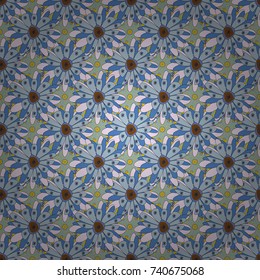 Yellow, neutral and blue colors vector seamless pattern with many flowers.