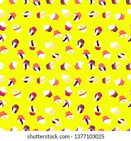 Yellow, neutral and white color. Print for bakery. Seamless pattern hand drawn cupcakes. Sweets background design. Vector illustration.