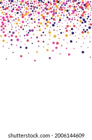 Yellow New Confetti Background. Circle Dust Texture. Purple Dot Fall. Round Multicolor Carnival Frame. Random Illustration.