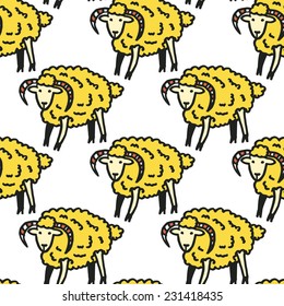 Yellow new year funny sheep vector seamless pattern on white background