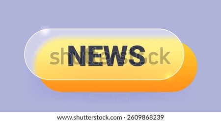 Yellow news glass morphism button on gray background. Vector transparent element